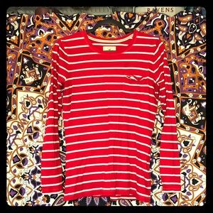 Red Long-sleeved striped Hollister shirt.